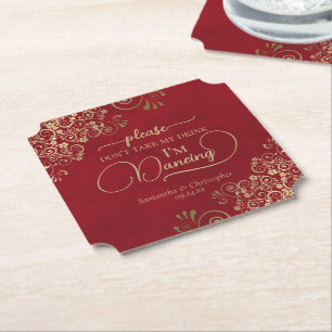 Crimson Red & Gold Don't Take My Drink Wedding Paper Coaster