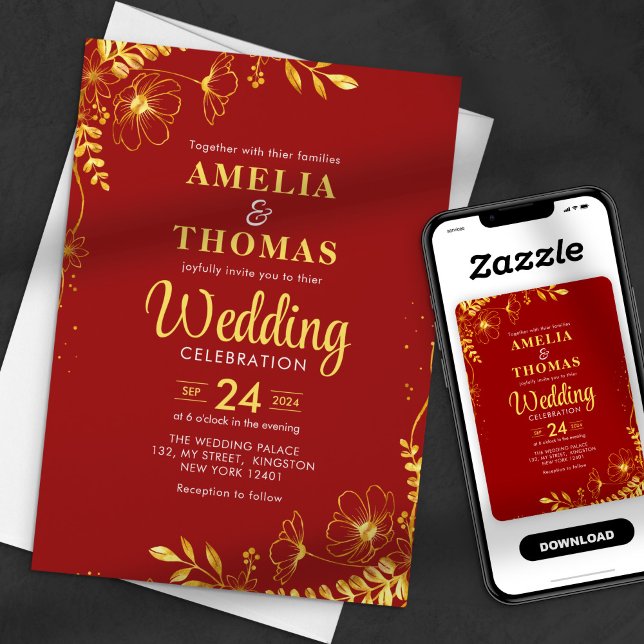 Crimson Red & Gold Floral Wedding Invitation (Creator Uploaded)