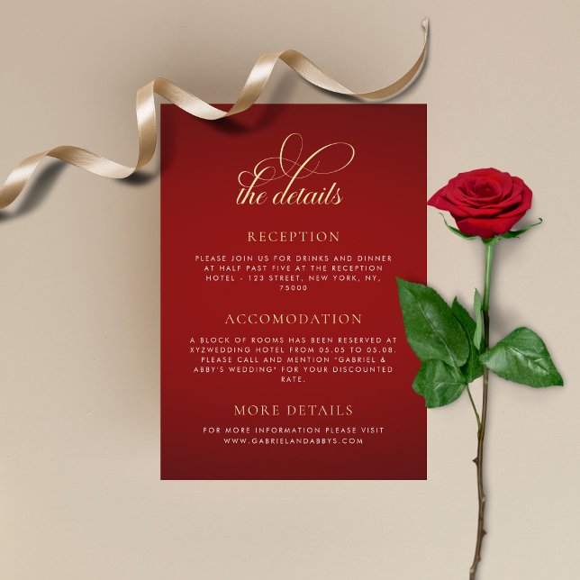 Crimson Red Gold Monogram Romantic Wedding Details Enclosure Card (Creator Uploaded)