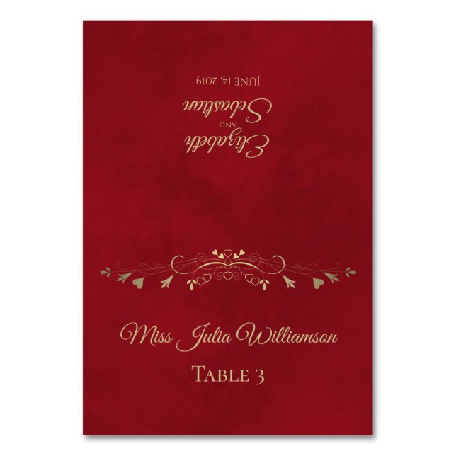 Crimson Red & Gold Wedding DIY Fold Place Card (Front)