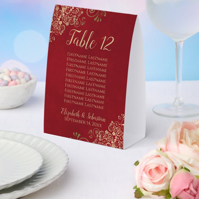 Crimson Red & Gold Wedding Table Number & Names (Insitu(Wedding))