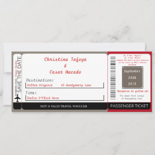 Crimson Red Grey Boarding Pass Wedding Invitation