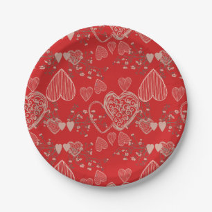 Crimson red grey valentine doodle hearts pattern paper plate