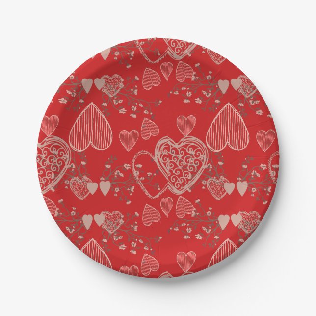 Crimson red grey valentine doodle hearts pattern paper plate (Front)