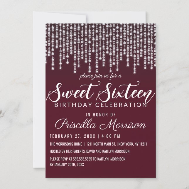Crimson Red Hanging Diamond Lights Sweet 16 Invitation (Front)