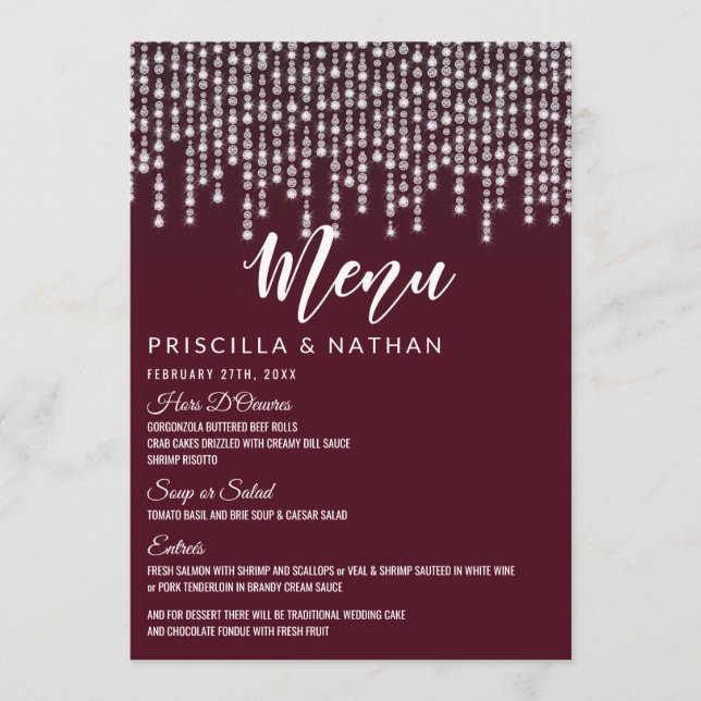 Crimson Red Hanging Diamond Lights Wedding Menu (Front)