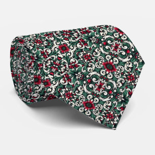 Crimson Red, Hunter Green, Black, & Ivory Floral Tie