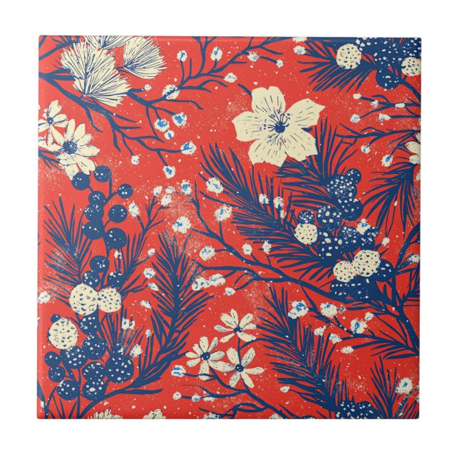 Crimson Red Indigo Winter Botanical Pattern Ceramic Tile (Front)