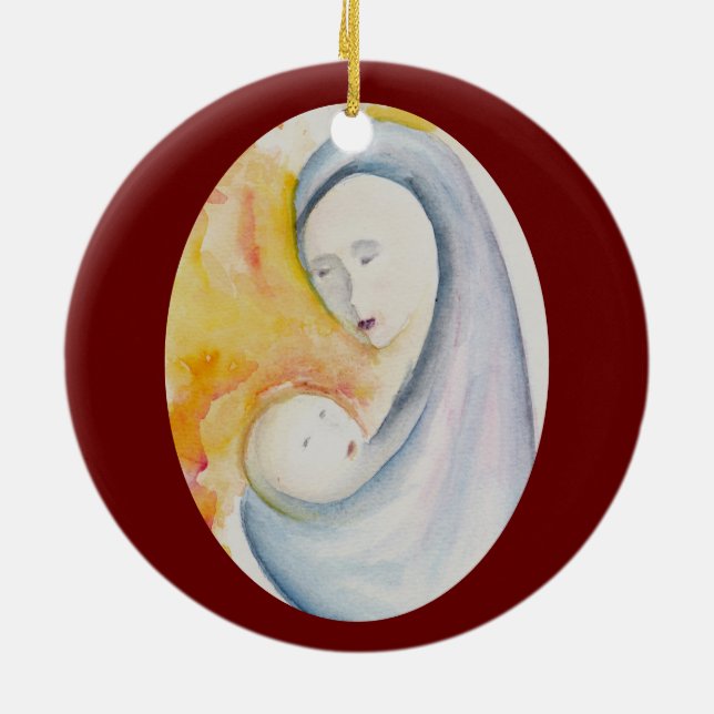 Crimson Red Madonna and Child Joy to the World  Ceramic Ornament (Back)