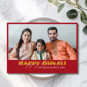 Crimson Red Modern Photo Happy Diwali Greeting Holiday Card