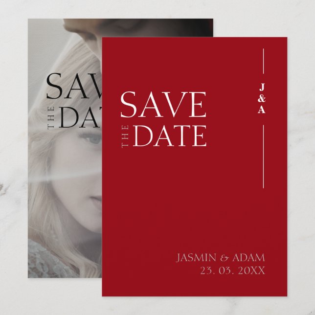 Crimson Red Monogram Photo Wedding Save The Date (Front/Back)