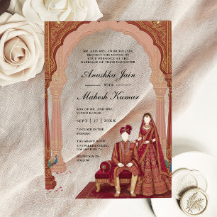 Crimson Red Palace Arch Indian Couple Wedding Acrylic Invitations