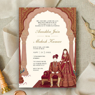 Crimson Red Palace Arch Indian Couple Wedding Invitation