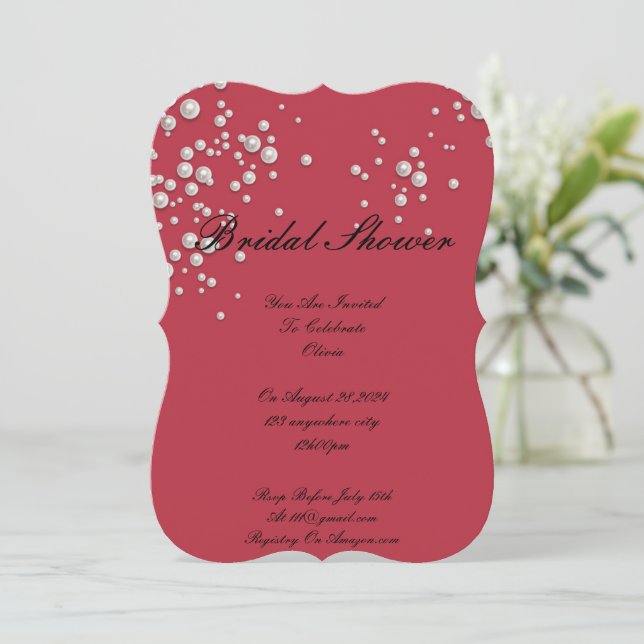 crimson red pearl bridal shower invitation (Standing Front)