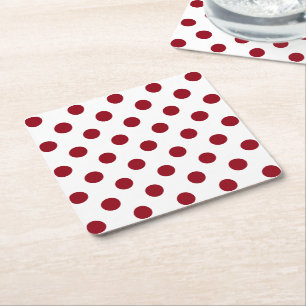 Crimson Red Polka Dots Circles Square Paper Coaster