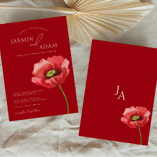 Crimson Red Poppy Floral Monogram Wedding Invitation