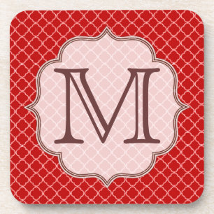 Crimson Red Quarterfoil Monogram Drink Coaster