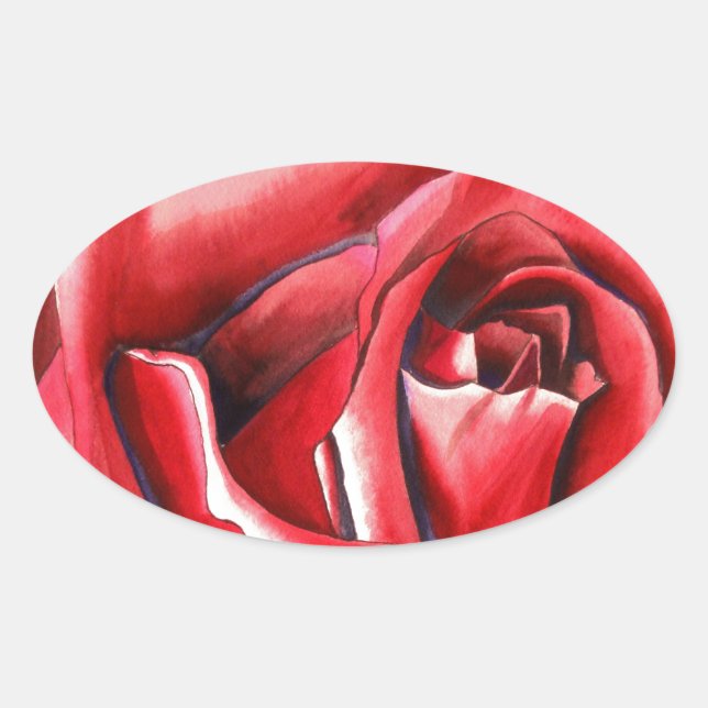 Crimson Red Rose original watercolor art Oval Sticker (Front)