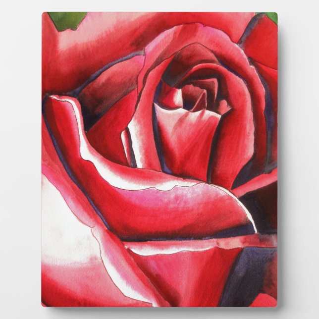 Crimson Red Rose original watercolor art Plaque (Front)