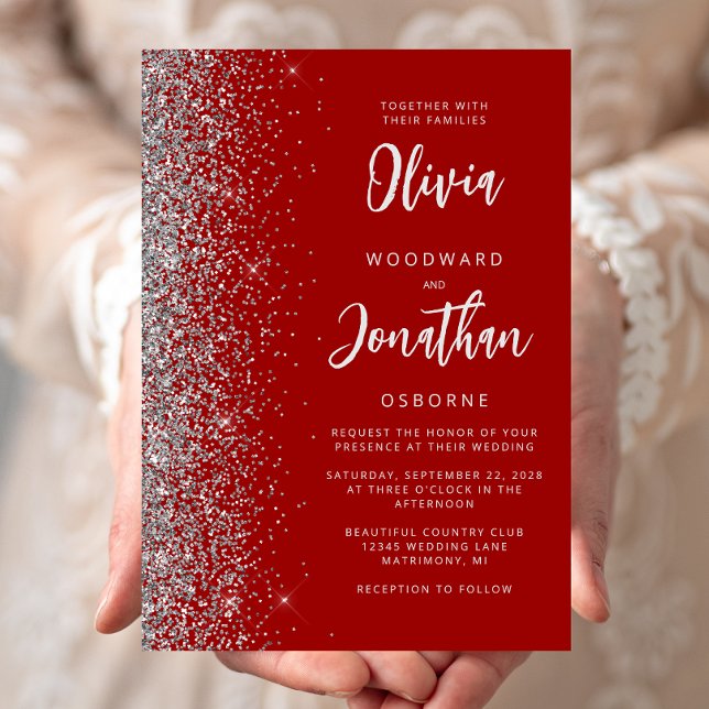 Crimson Red Silver Glitter Calligraphy Wedding Invitation (Creator Uploaded)