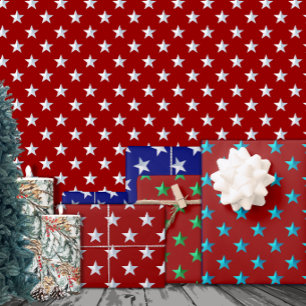 Crimson Red Silver Green Turquoise Blue Stars Wrapping Paper Sheet