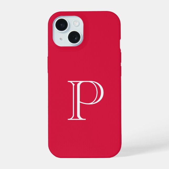 Crimson Red Solid Color Monogram Initial iPhone 15 Case (Back)