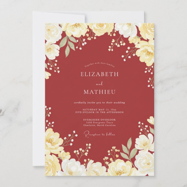 Crimson Red Timeless Botanical Wedding Invitation (Front)