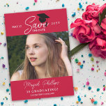 Crimson Red Typography Photo Graduation Save The Date<br><div class="desc">Double sided graduation save the date card with a typography design and a photo of the graduate in a bright shade of red. Add three more photos to the back in a clean collage. Graduation save the date template card personalised with photos.</div>