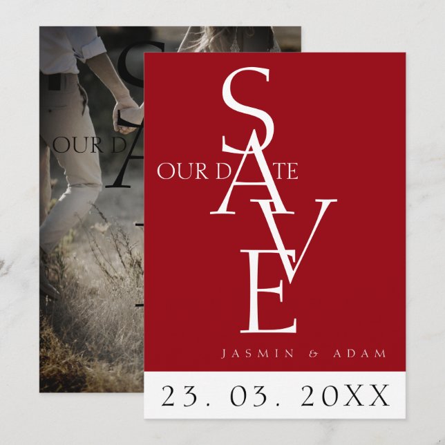 Crimson Red Typography Photo Wedding Save The Date (Front/Back)