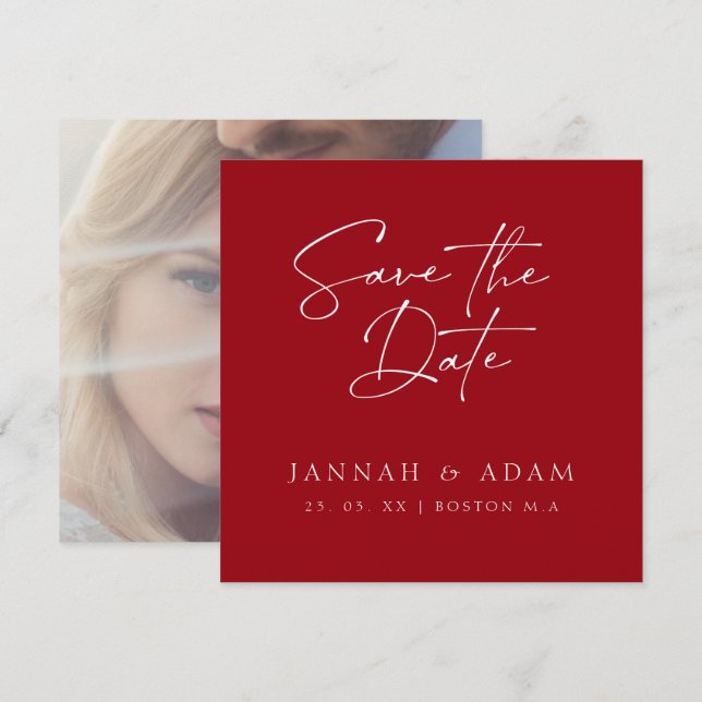 Crimson Red Typography Wedding Save the Date (Front/Back)