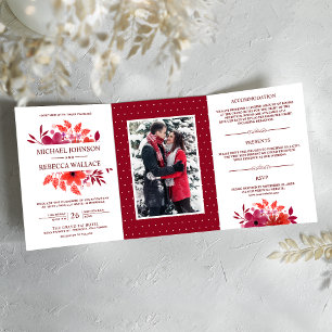 Crimson Red Watercolor Floral Wedding Photo Tri-Fold Invitation
