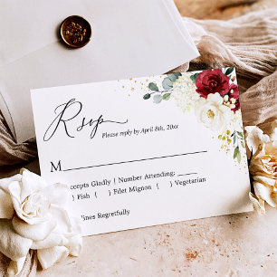 Crimson Red White Floral Gold Confetti Wedding RSVP Card
