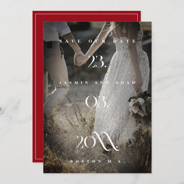 Crimson Red White Minimal Photo Wedding Save The Date (Front/Back)