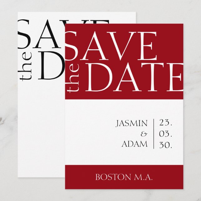 Crimson Red White Minimal Typography Wedding Save The Date (Front/Back)