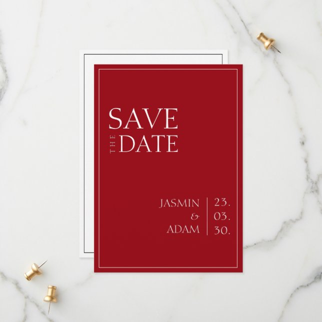 Crimson Red White Minimal Typography Wedding Save The Date (Front/Back In Situ)
