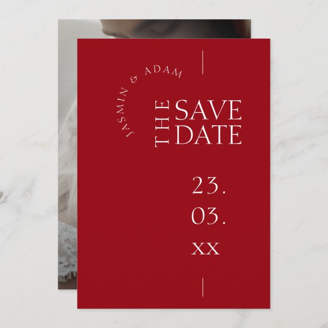 Crimson Red White Simple Photo Wedding Save The Date (Front/Back)