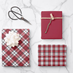 Crimson Red & White Tartan Plaid Wrapping Paper Sheet