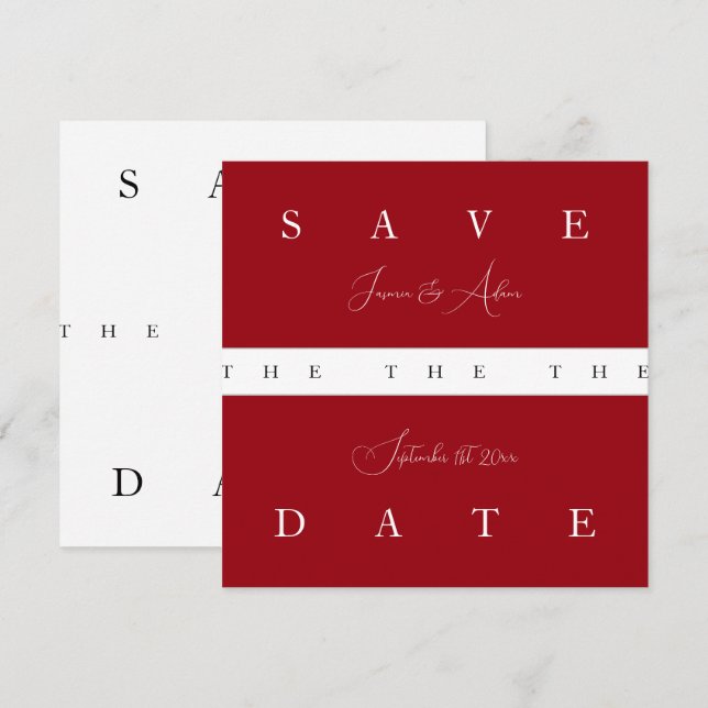 Crimson Red White Typography Wedding Save the Date (Front/Back)