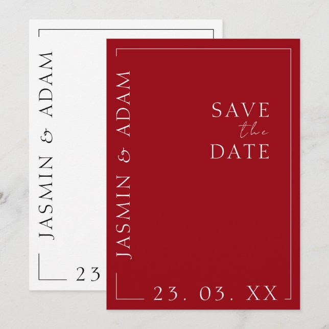 Crimson Red White Typography Wedding Save the Date (Front/Back)