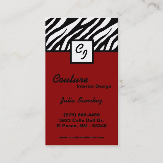 Crimson Red Zebra Print Personalise Business Card (Front)