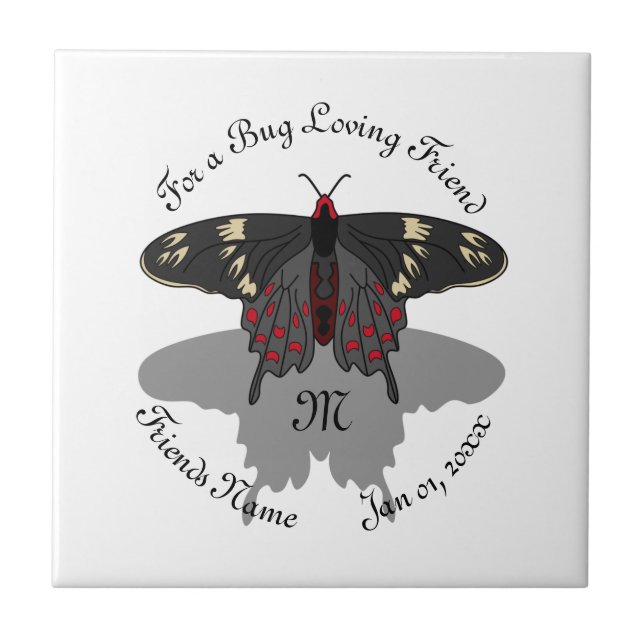 Crimson Rose Butterfly Shadow Monogram Ceramic Tile (Front)
