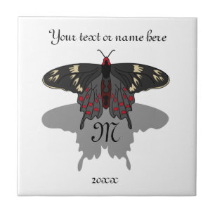 Crimson Rose Butterfly Shadow Monogram Ceramic Tile
