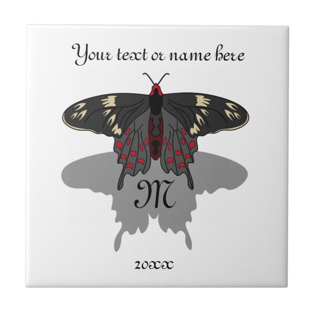 Crimson Rose Butterfly Shadow Monogram Ceramic Tile (Front)