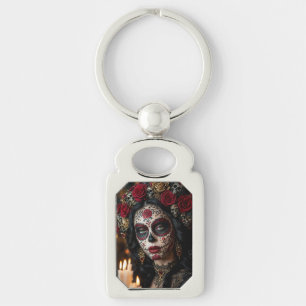 Crimson Rose Calavera – Elegant Day of the Dead Key Ring