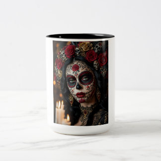 Crimson Rose Calavera – Elegant Day of the Dead Two-Tone Coffee Mug