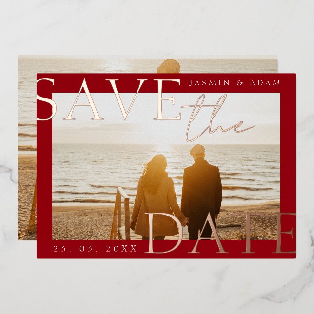 Crimson Rose Gold Foil Wedding Save the Date (Front/Back)
