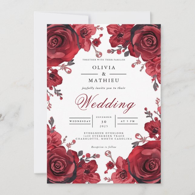 Crimson Rose Romantic Arch Wedding Invitation (Front)