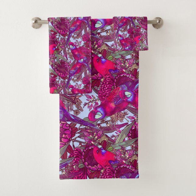 Crimson Rosella and Wildflower Pattern Bath Towel Set (Insitu)