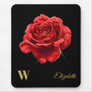 Crimson Roses on Black Gold Script Personalised Mouse Pad