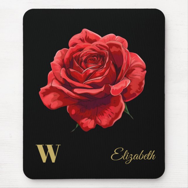 Crimson Roses on Black Gold Script Personalised Mouse Pad (Front)